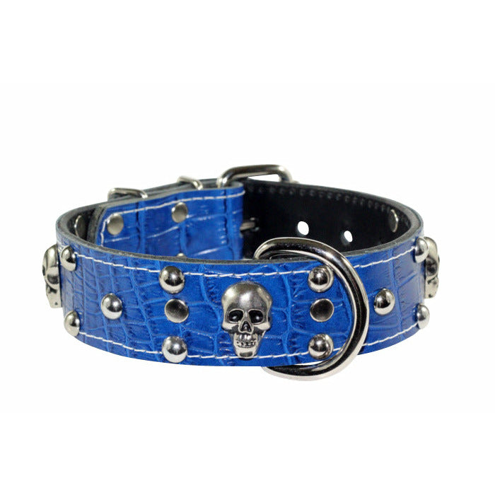 Blue Doberman Studded Skull Leather Collar
