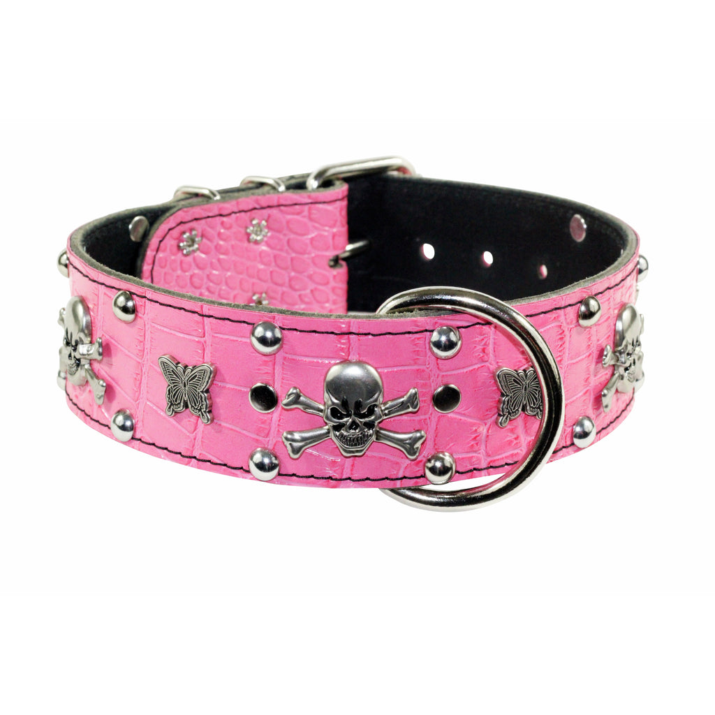 Pink Skull & Crossbones Leather Dog Collar
