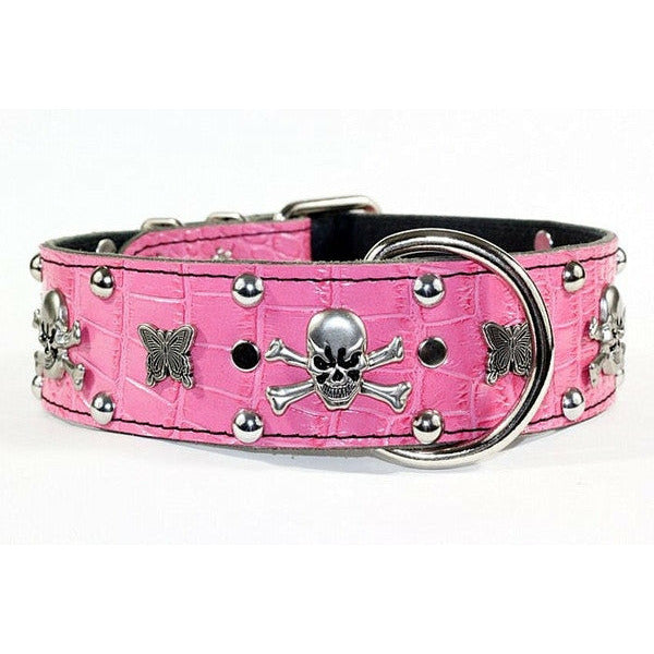 Pink Dog Collar with butterflies, studs and crossbones