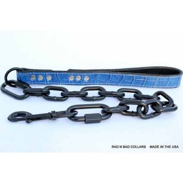 Blue Croc Embossed Leather Dog Leash with Black Chain