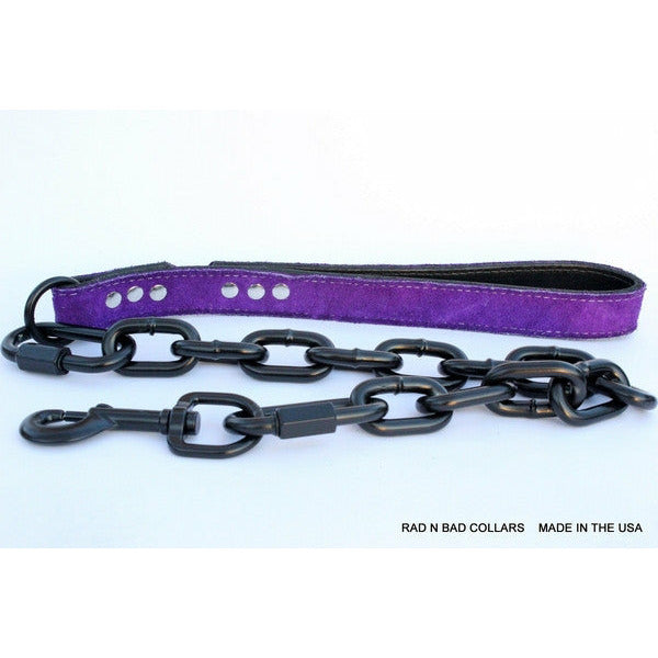Purple Suede Leather Dog Leash with Black Chain