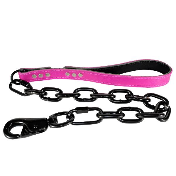 thumbnail image 2 of 60cm Short Heavy Duty Chain Dog Lead For Large Dogs – Pink Leather Handle 2 of 5