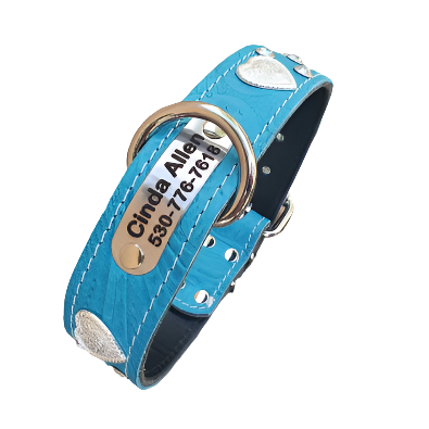 Teal Floral Heart Leather Dog Collar