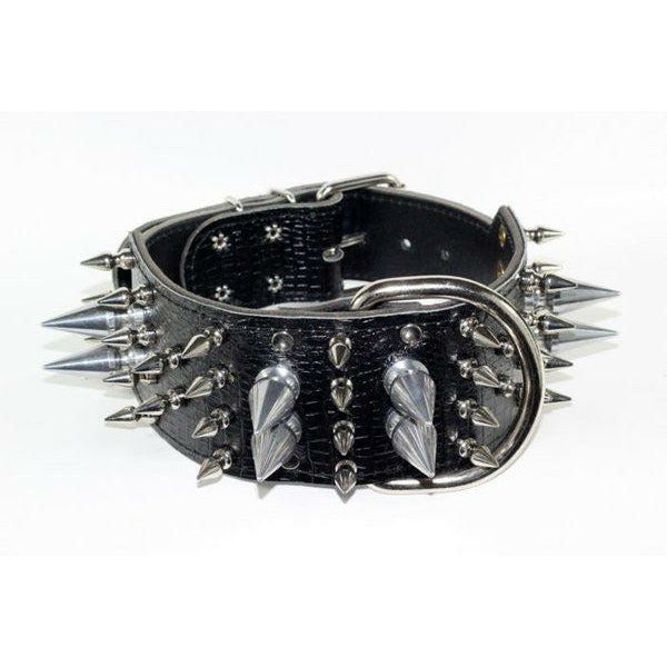 Black Embossed Alligator Leather Extreme Spiked Collar