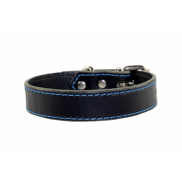 BLACK LEATHER DOG COLLAR WITH RED STITCHING