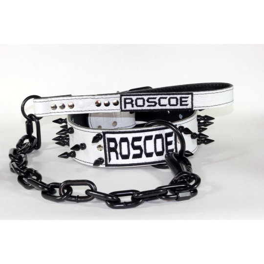 Collar is made with white alligator embossed leather, this collar is 2" wide and embellished with 1-1/4" black powder coated spikes