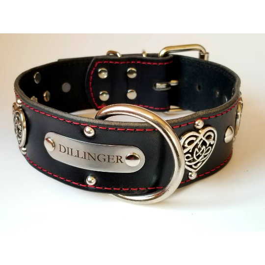Name ID Leather Collar - Black Leather Dog Collar - Custom Name Plate Dog Collar - Leather Dog Collar With Celtic & Hearts Red Stitching
