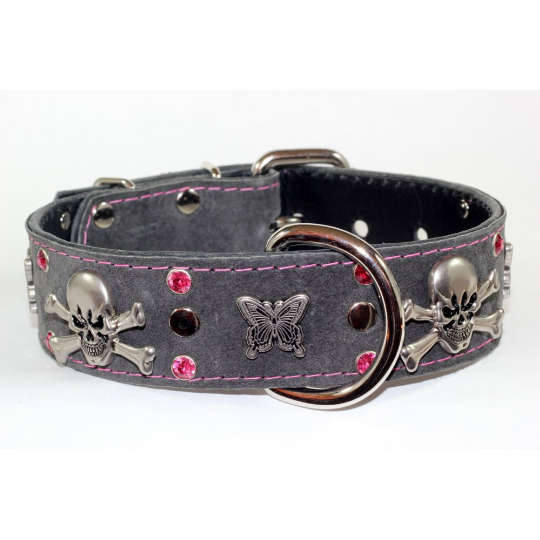 Studded dog collar made with butterflies and skulls