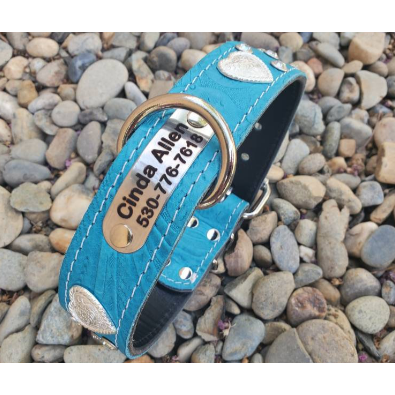 Teal Floral Heart Leather Dog Collar