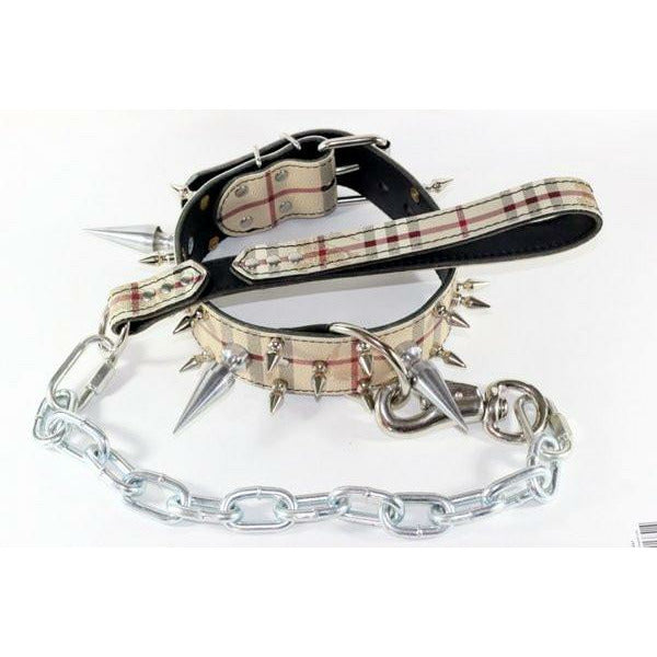 bully spiked collar and leash set, spiked leather collar and chain leash, pitbull spiked leather dog collar, spiked dog collar