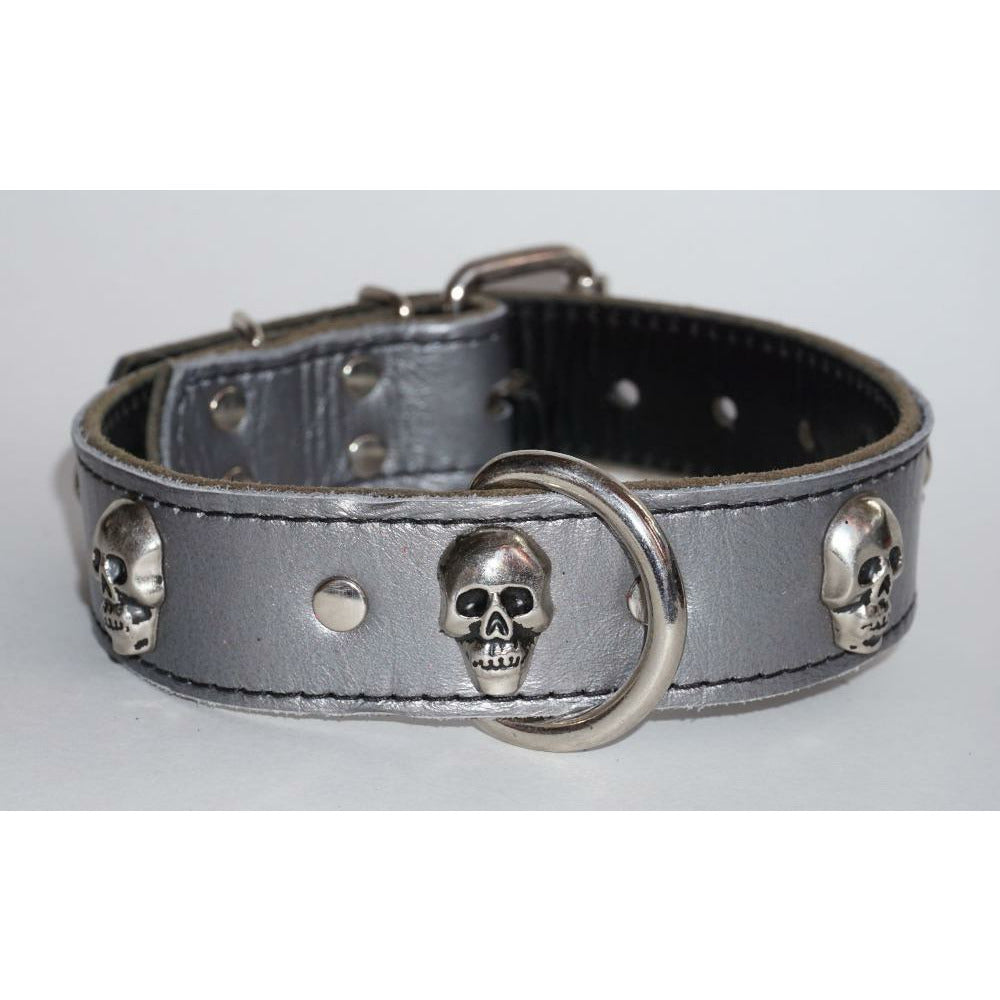 1-1/2" Grey Leather Dog Collar With Skull Conchos - READY TO SHIP - FITS 15 TO 19" NECKS