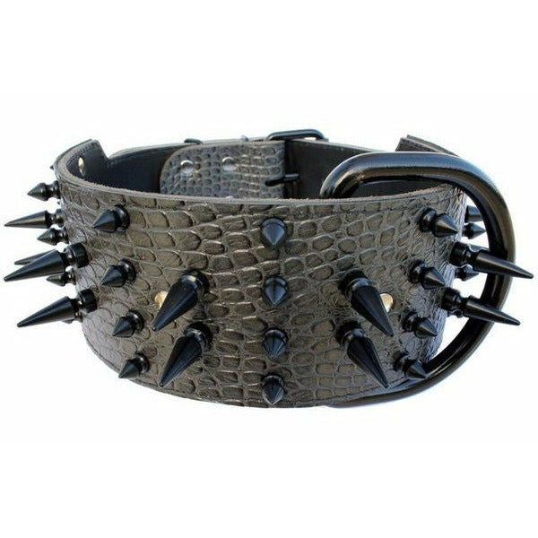 Wide Grey Embossed Alligator Leather Spiked Collar