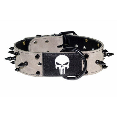 Grey Spiked Punisher Leather Dog Collar