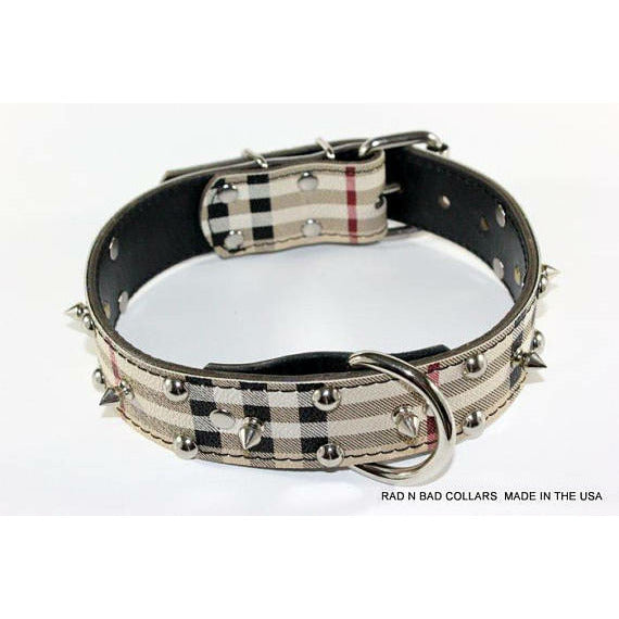 plaid dog collar with studs and spikes