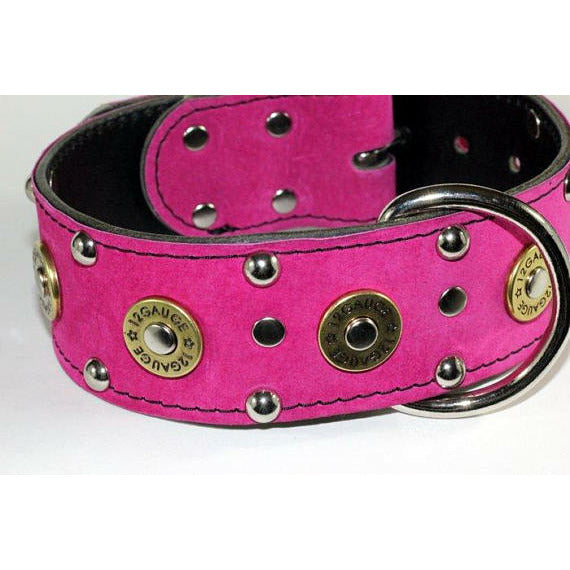 pink leather dog collar with shotgun shells - studded pink collar - leather stud pink collar