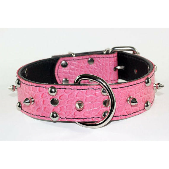 pink spiked and studded dog collar - leather embossed alligator dog collar