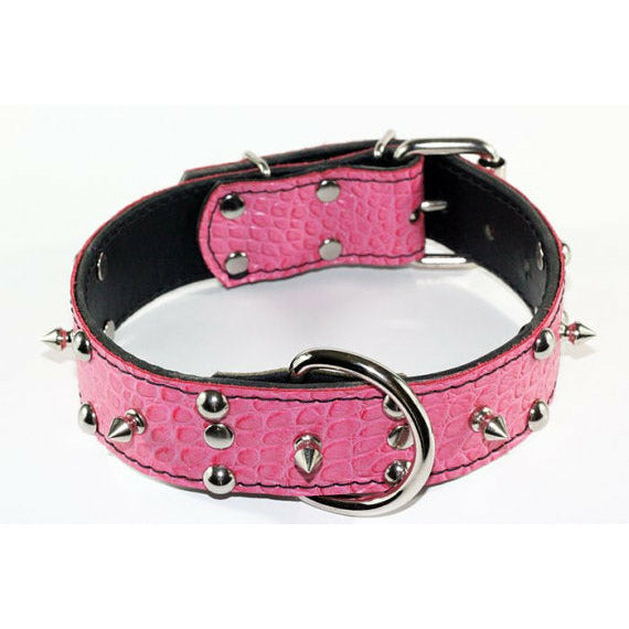 embossed pink croc leather spiked dog collar