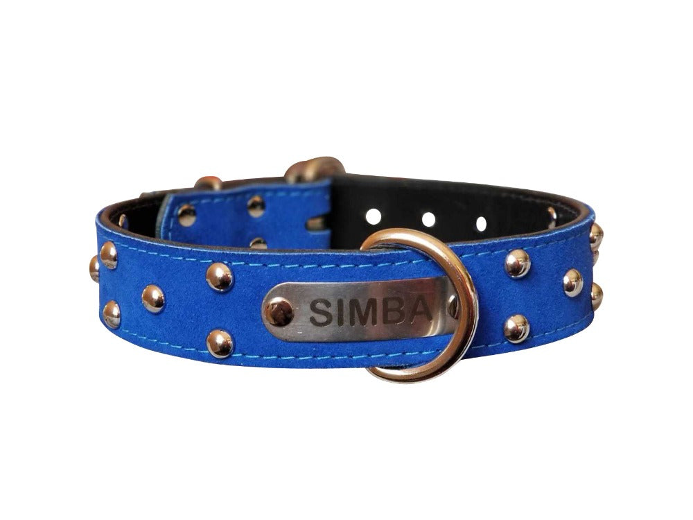 Personalized Blue Suede Leather Dog Collar